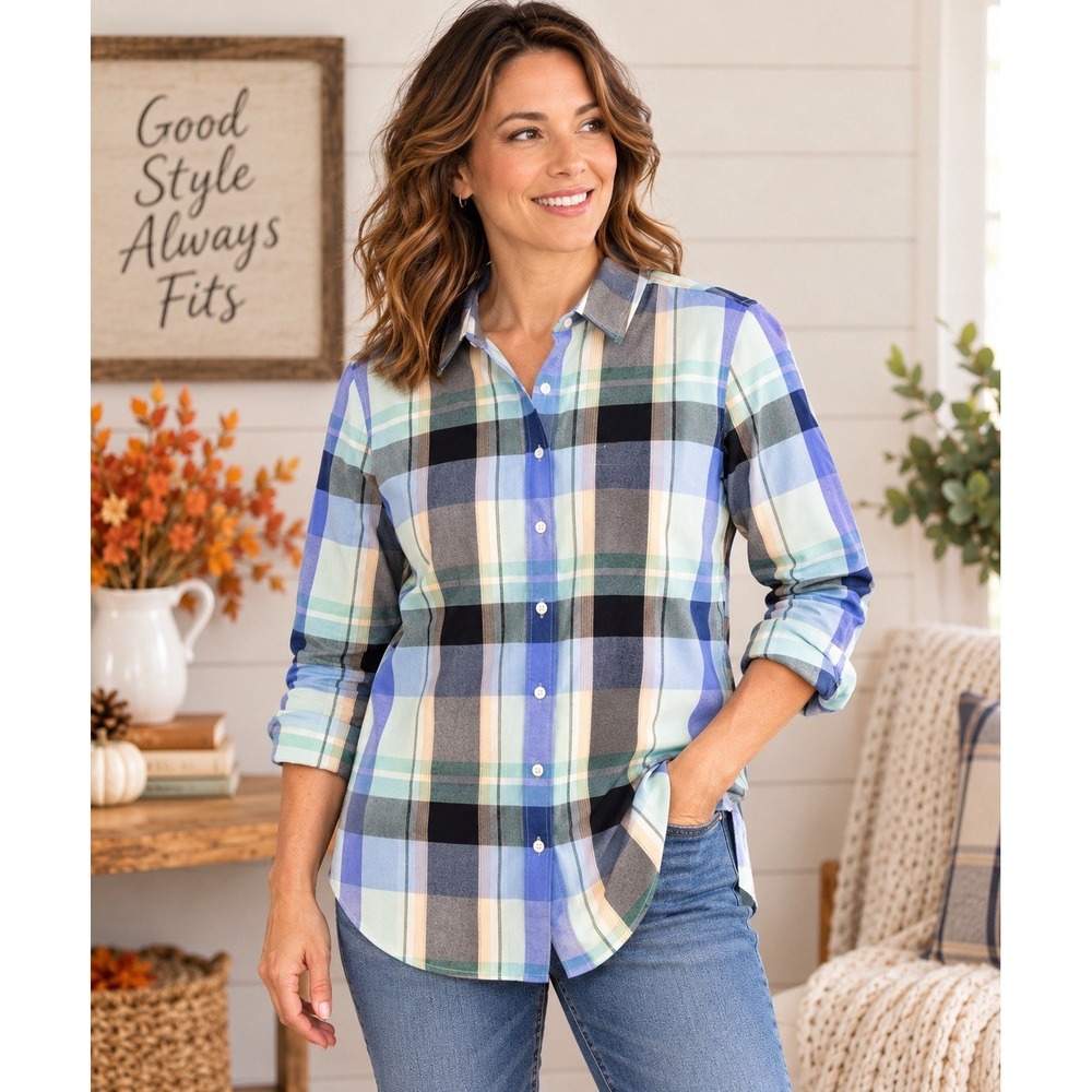 Talbots Women's Large Plaid Button Down Shirt 100% Cotton Blue Green Long Sleeve